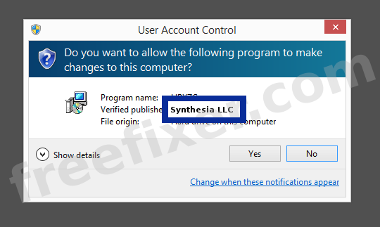 Screenshot where Synthesia LLC appears as the verified publisher in the UAC dialog
